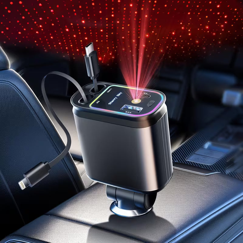 4-in-1 Starry Sky Car Charger with Ambient Projection Light | Retractable 80cm Cable, QC3.0 Fast Charging - Type C Cable's